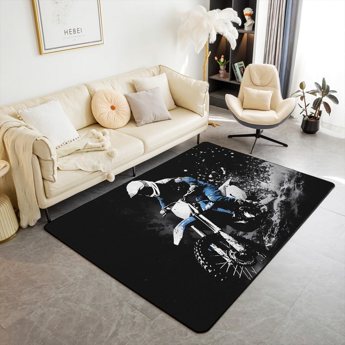 Feelyou Dirt Bike Living Room Rugs Area Rug 3x5 Racing Themed Indoor Floor Mat Ultra Soft Racing Motocross Rider Accent Rug for Kids Boys Girls Motorcycle Decorative Rug Motorbike Doormats Floor Mat