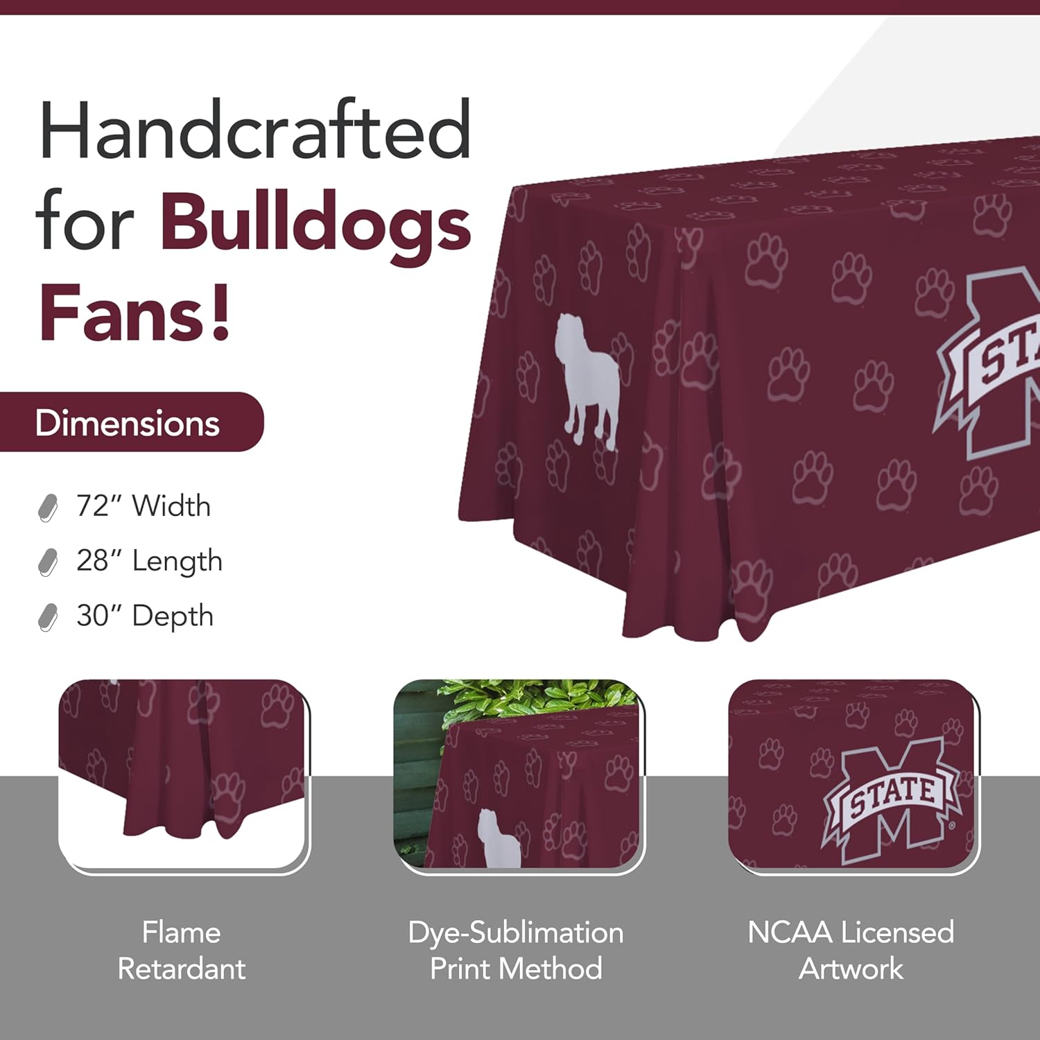 Mississippi State Bulldogs College Sports Printed Table Throw - NCAA Licensed - Polyester - School Tablecloth (Maroon) (6' Draped)