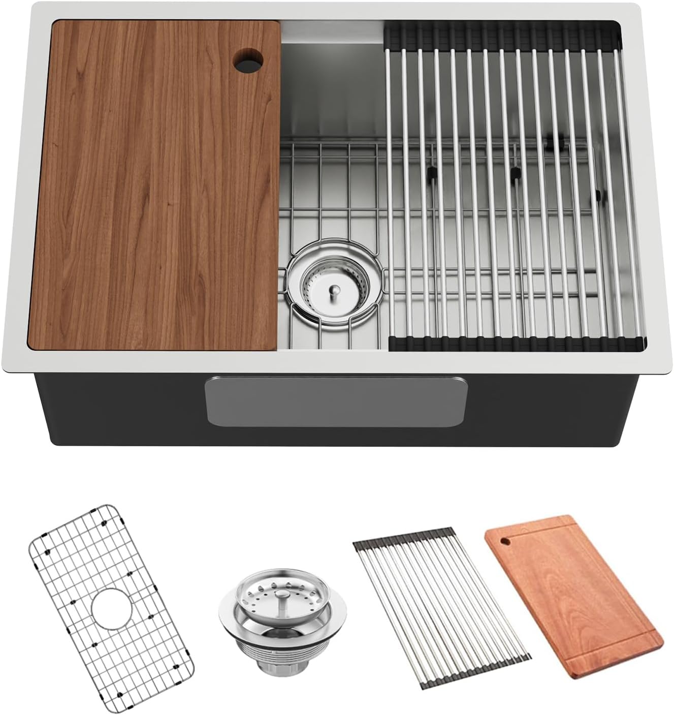 Kitchen Sink Workstation, 27x18 Inch Stainless Steel Drop In Kitchen Sink Modern Undermount Single Bowl Kitchen Sink Gift Combo-SS Grid,Drying Rack,Cutting Board,Sink Clip, Drain Strainer Set