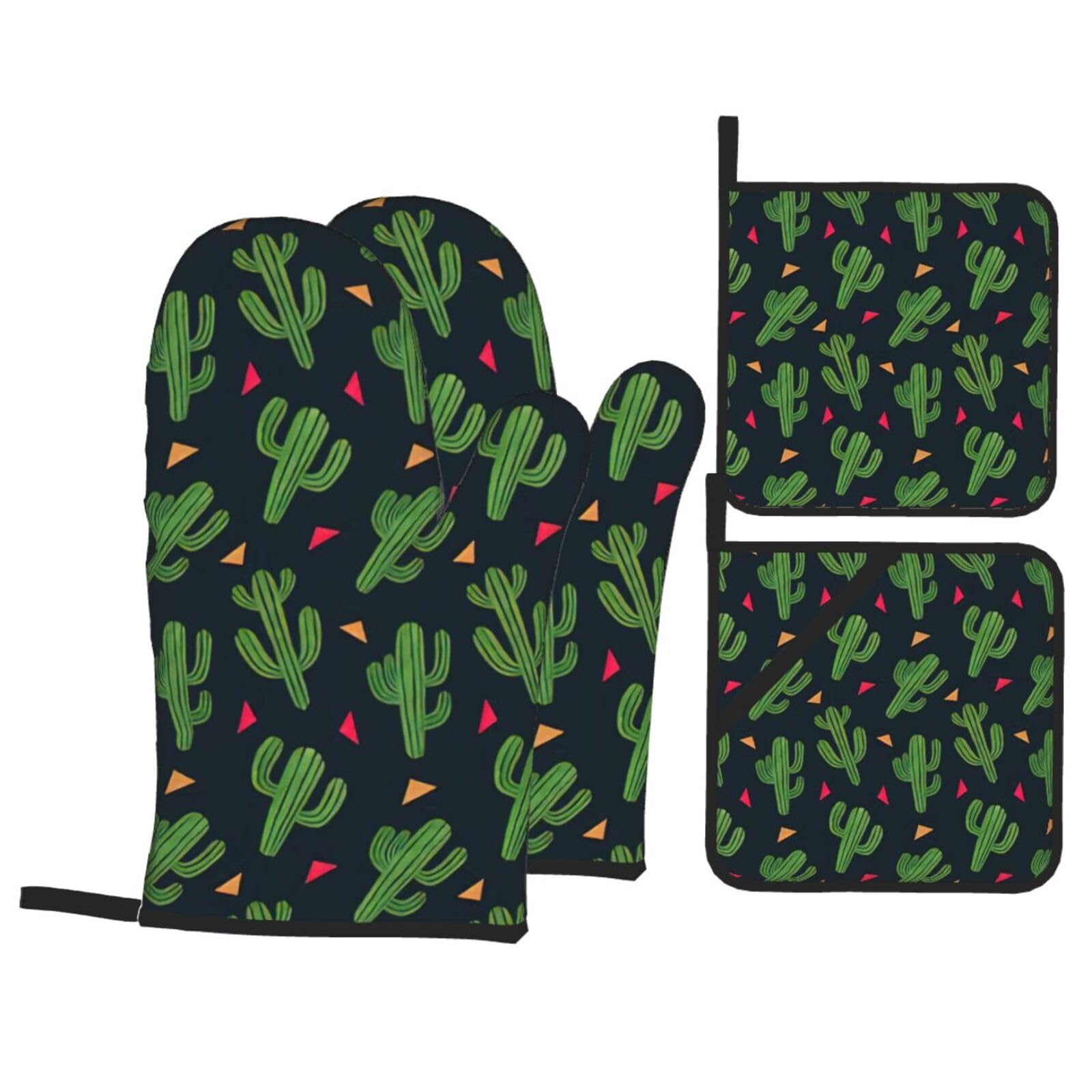 Cactus Art Print 4-Piece Oven Microwaving Set Waterproof Kitchen Gloves for Baking Grilling Cooking