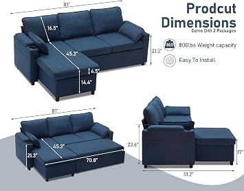 DURASPACE L Shaped Sofa Corner Sofa Bed Convertible Couch Sleeper With Storage,2 USB, Cup Holder,Pull out Sectional Couches For Living Room (Blue)