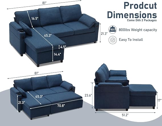 DURASPACE L Shaped Sofa Corner Sofa Bed Convertible Couch Sleeper With Storage,2 USB, Cup Holder,Pull out Sectional Couches For Living Room (Blue)