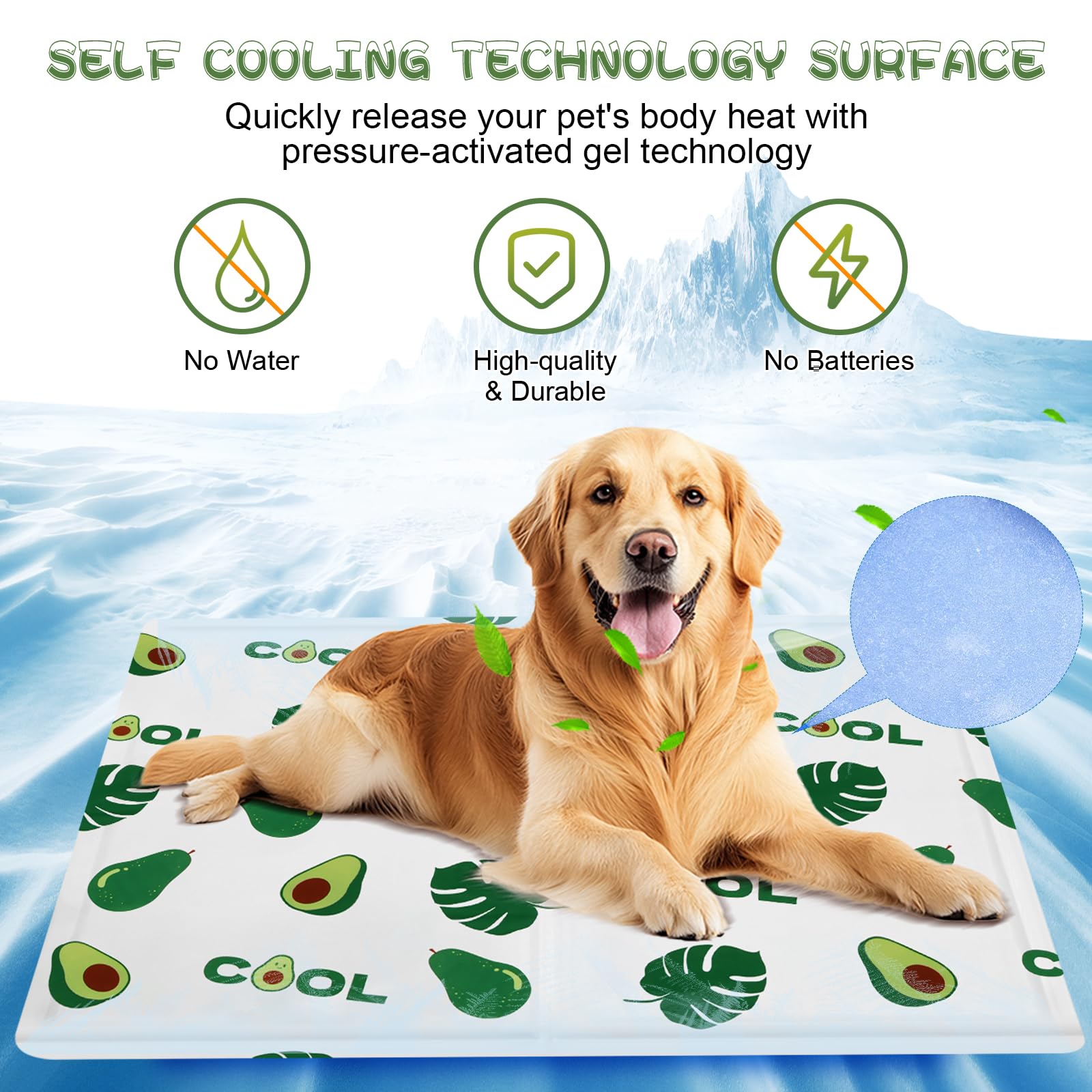 Ninonly Tappetino Rinfrescante per Cani Gatti 50X65 Tappetino Refrigerante per Animali Domestici Gel Non Tossico Impermeabile Antiscivolo Tappeto Refrigerante Cane per Cuccia Cani Gatti Avocado
