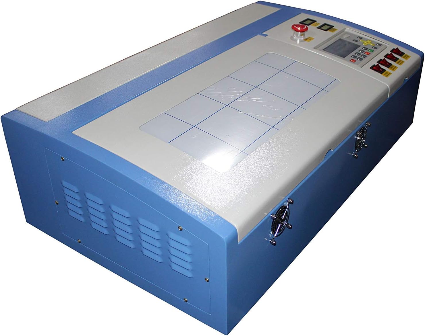 Side view of the TEN-HIGH 3020 laser engraver, focusing on the control panel with buttons and display.