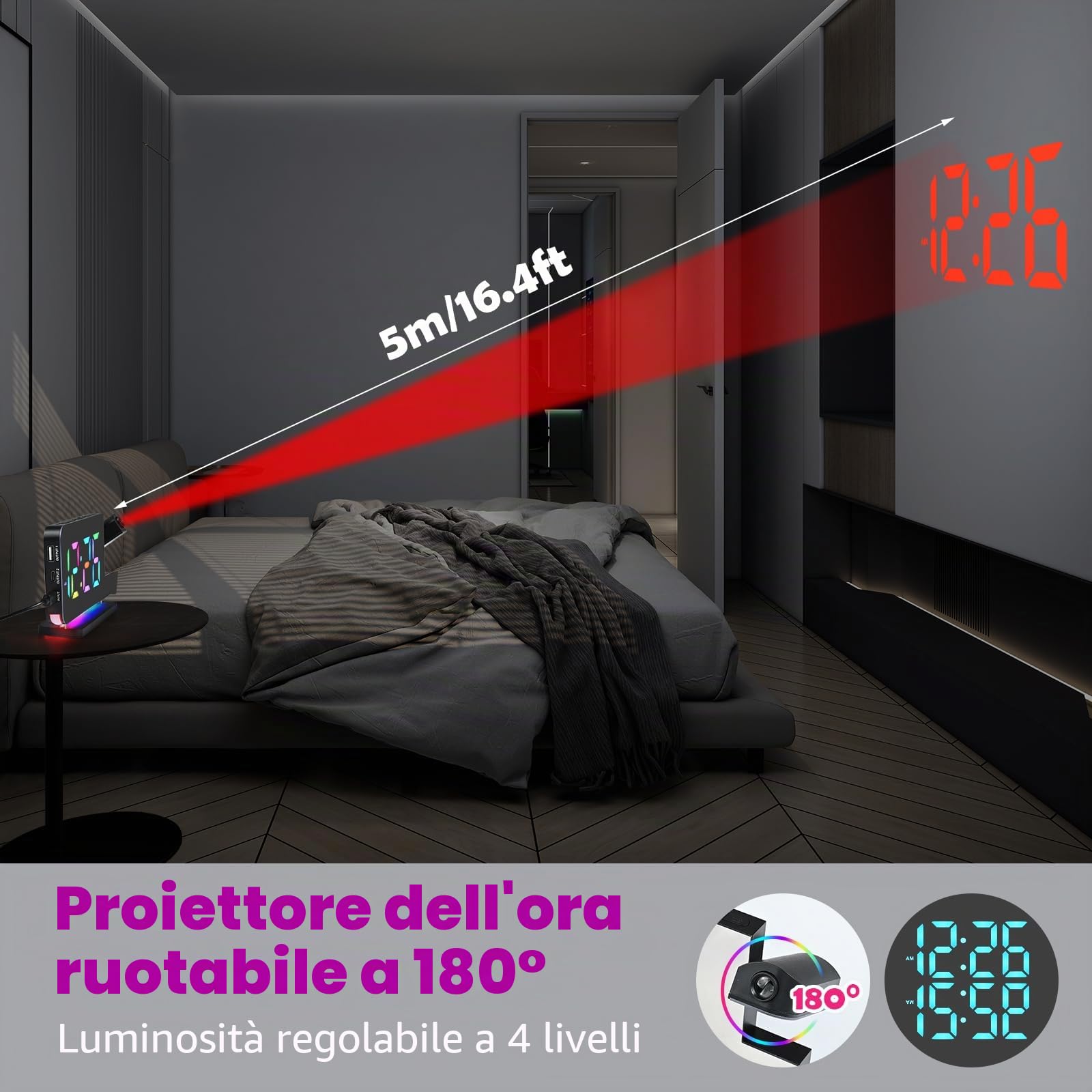 Euakee Sveglia Digitale, Sveglia con Proiezione, Orologio a Specchio LED da 7,4”, Luce Notturna a 10 Colori, Proiettore Ruotabile di 180°, Caricatore USB-C per Bambini Cameretta (Nero)