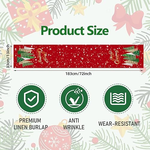 Miniatura 2 de Camino de mesa de Navidad de 72 x 13 pulgadas, camino de mesa rojo con copos de nieve brillantes y patrón de árbol de Navidad para vacaciones,