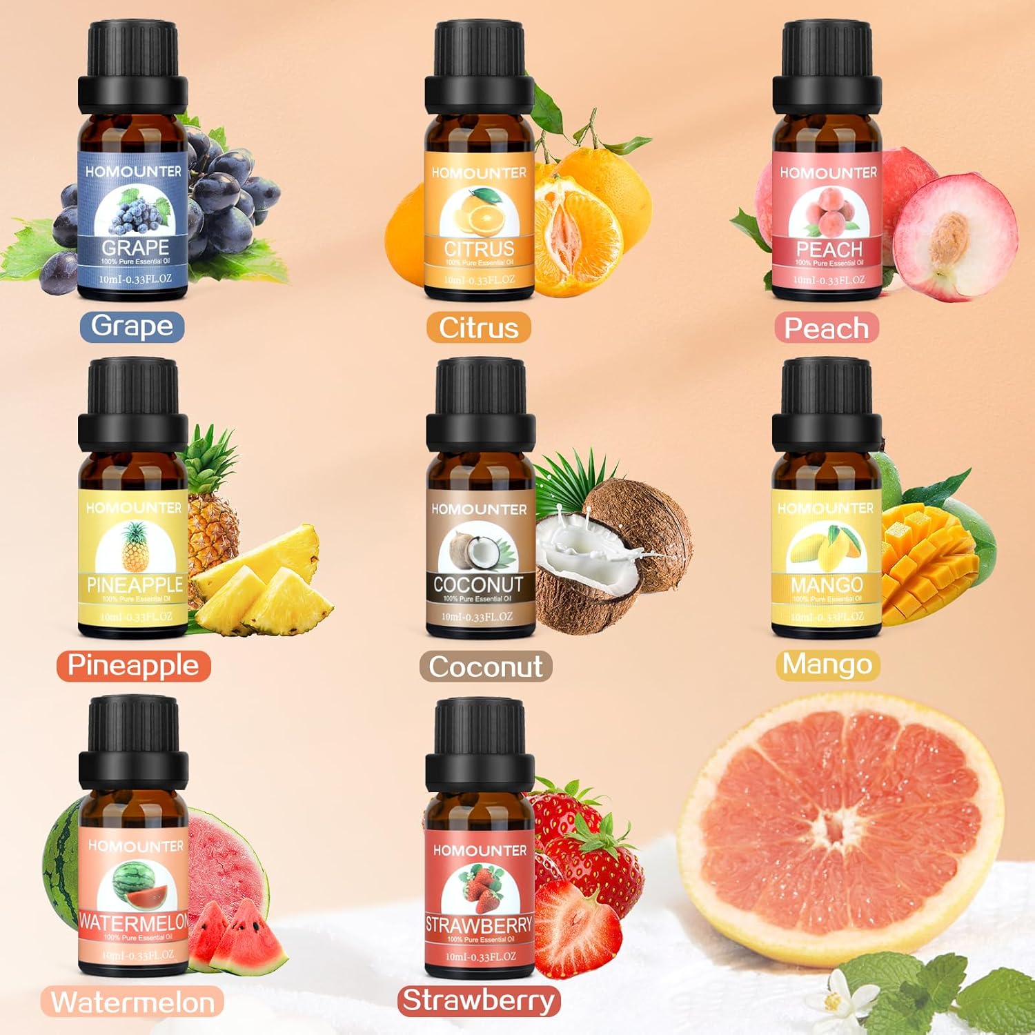 Fruit Essential Oil for Diffusers Natural Fruity Fragrance Oil for Candle & Soap Making - Grape, Citrus and More Diffuser Oils Scents for Home, Summer Aromatherapy Oils Set - 8 Pack, 10ML