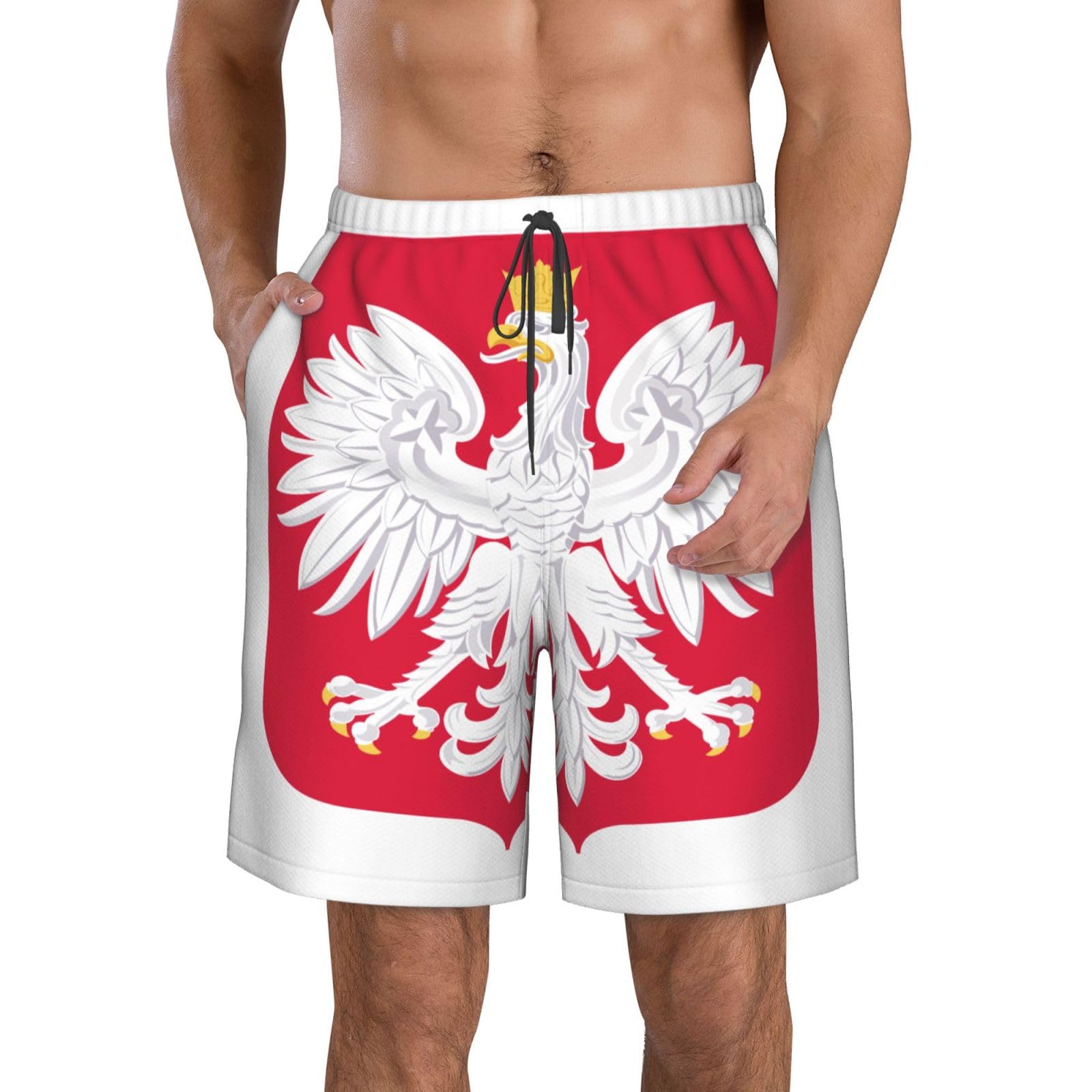 Oudrspo National Emblem of Poland 2 Mens Swim Trunks Quick Dry Flag of Poland Map Beach Board Shorts Swimwear Bathing Suits