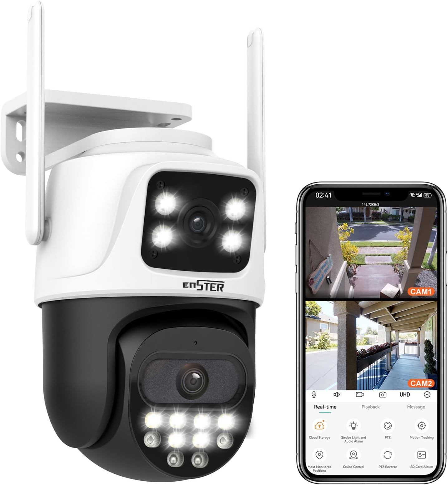 ENSTER3K Dual Lens Security Camera, WiFi Camera for Home Security with Human Detection, Auto Tracking, Smart AI Alert, Color Night Vision, Two-Way Talk