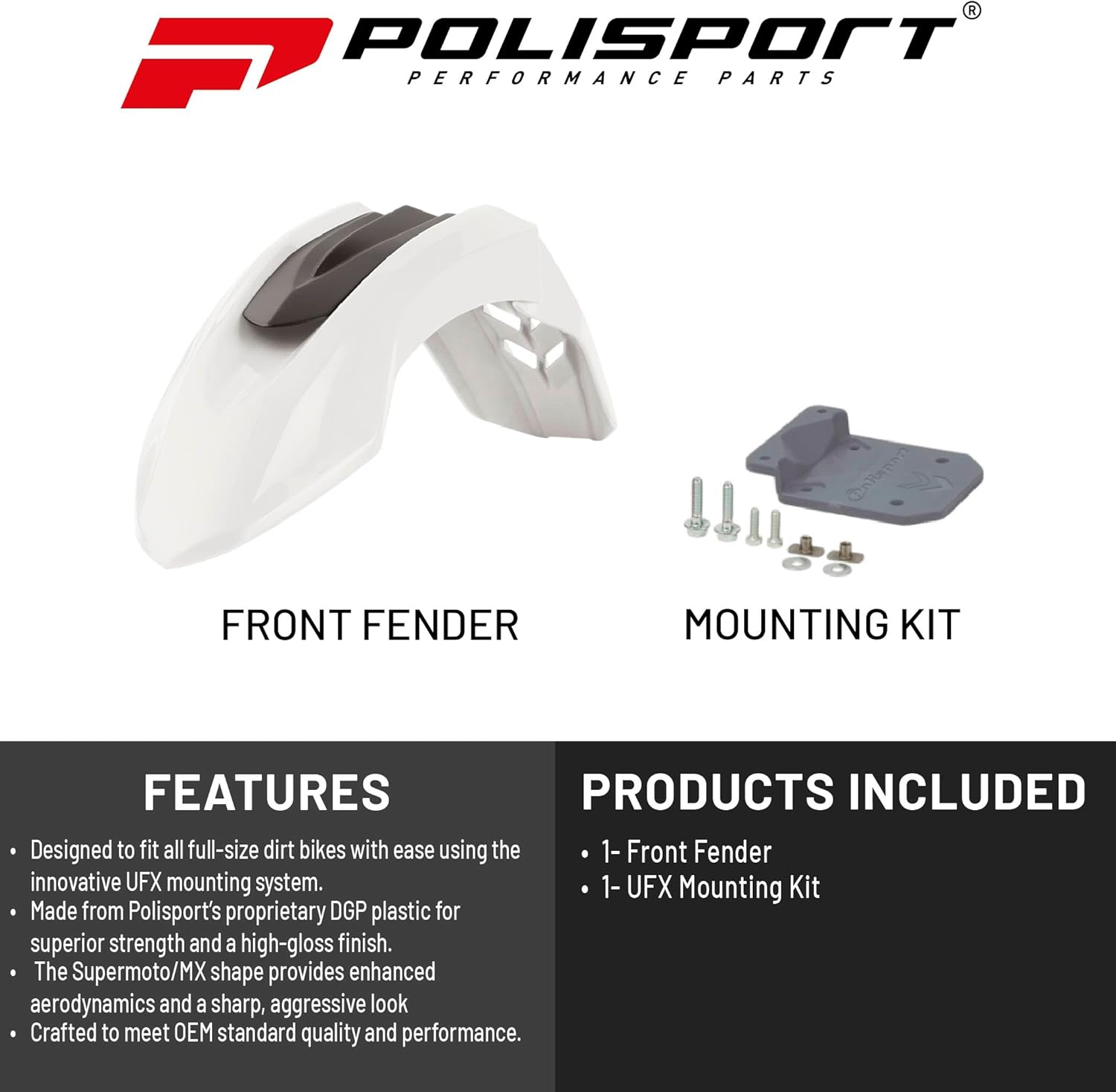 Polisport Supermoto (SM) Motocross (MX) UFX Front Fender - Universal Fit for all Full Size Dirt Bikes - White