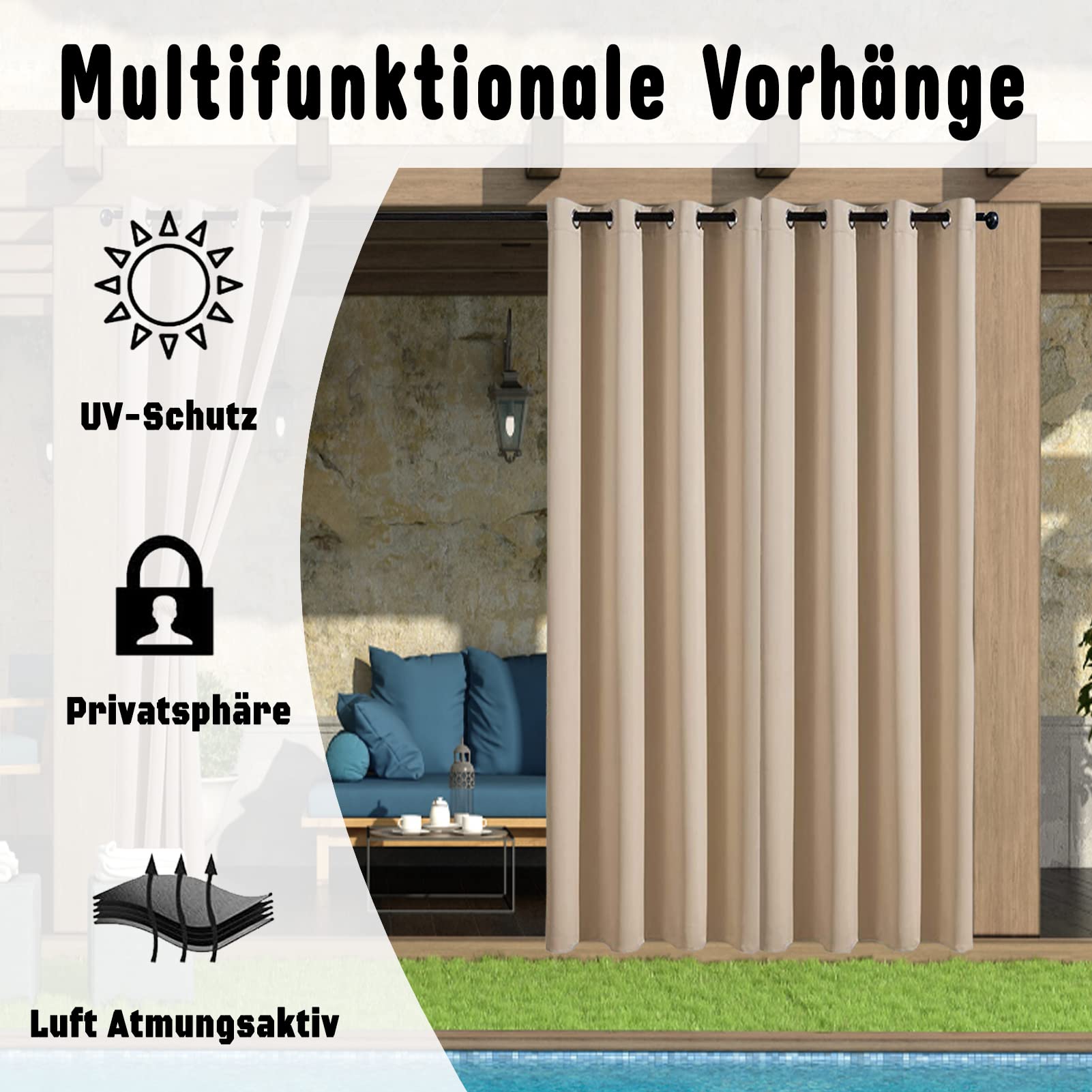 1 Stück Outdoor Vorhang mit Ösen, Benutzerdefinierte Größe Outdoor Vorhang Wetterfest, 24 Farben Benutzerdefinierte Sichtschutz&Sonnenschutz Outdoorvorhänge für Balkon Terrasse Veranda Pergola