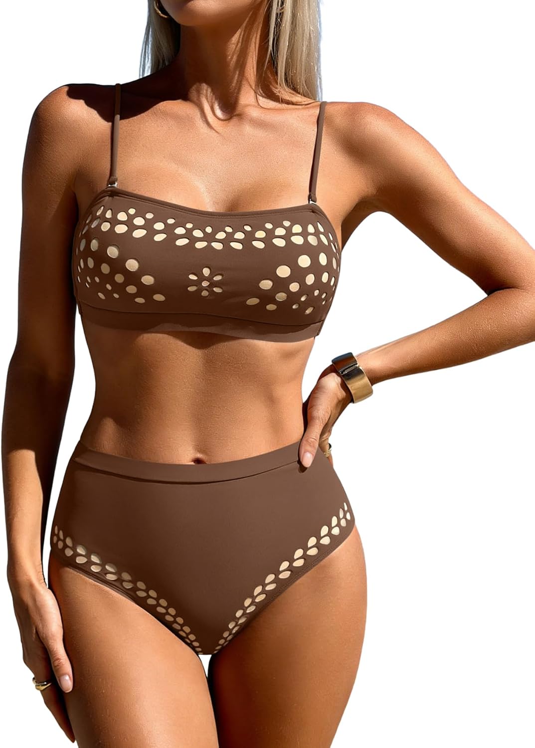 Aidonger Women's High Waisted Bikini Sets Bandeau Two Piece Swimsuits Cutout Tie Back Bathing Suits
