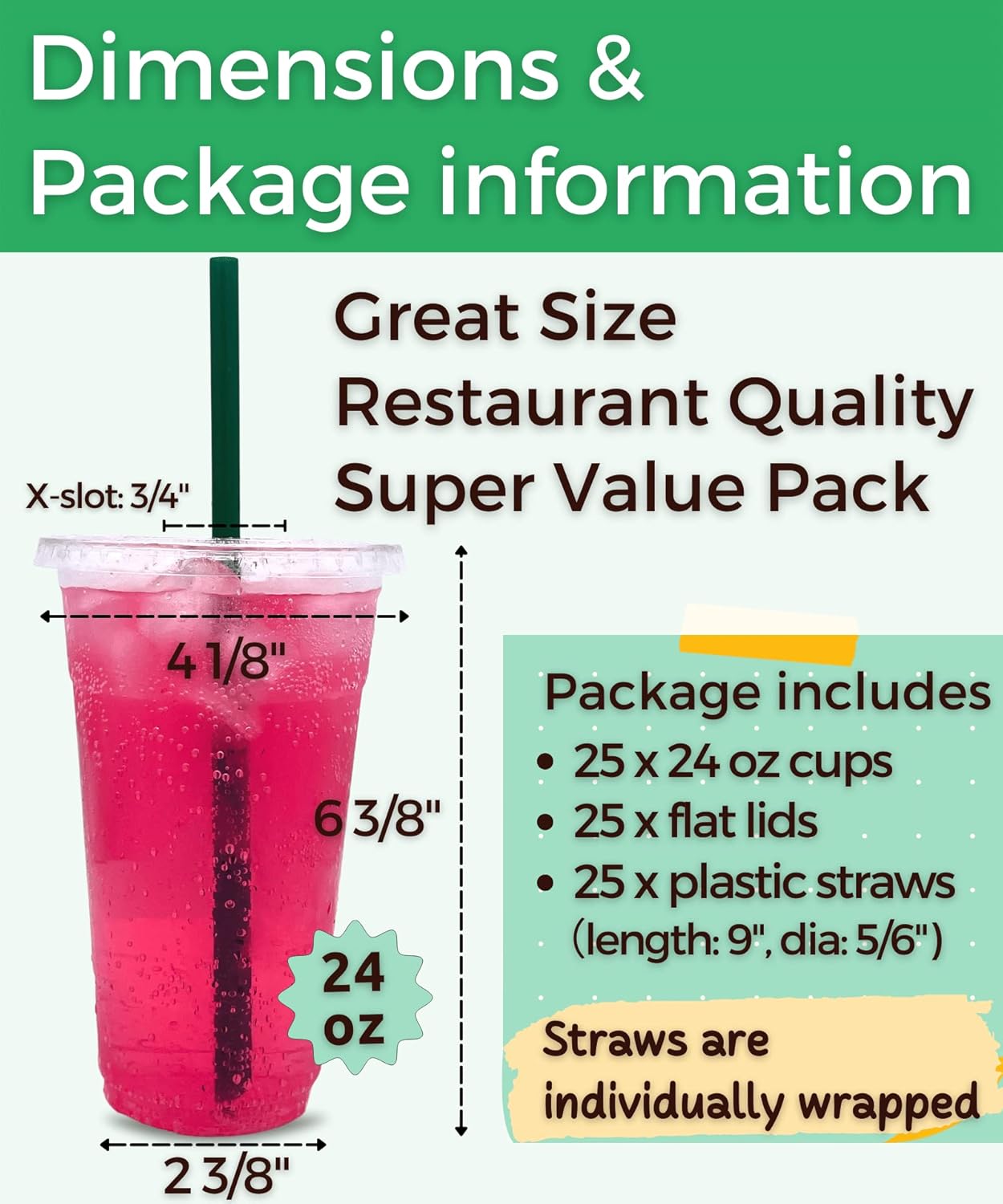 Aatriet 24 oz Clear Plastic Cups with Lids and STRAWS, Disposable Party Cups for To Go Iced Coffee Cold Drinks, Smoothie, Juice, Parfait, Frappuccino, Milkshake. No Leaking Fruit Cup, 25 Sets thumbnail