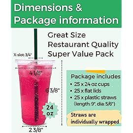 Aatriet 24 oz Clear Plastic Cups with Lids and STRAWS, Disposable Party Cups for To Go Iced Coffee Cold Drinks, Smoothie, Juice, Parfait, Frappuccino, Milkshake. No Leaking Fruit Cup, 25 Sets
