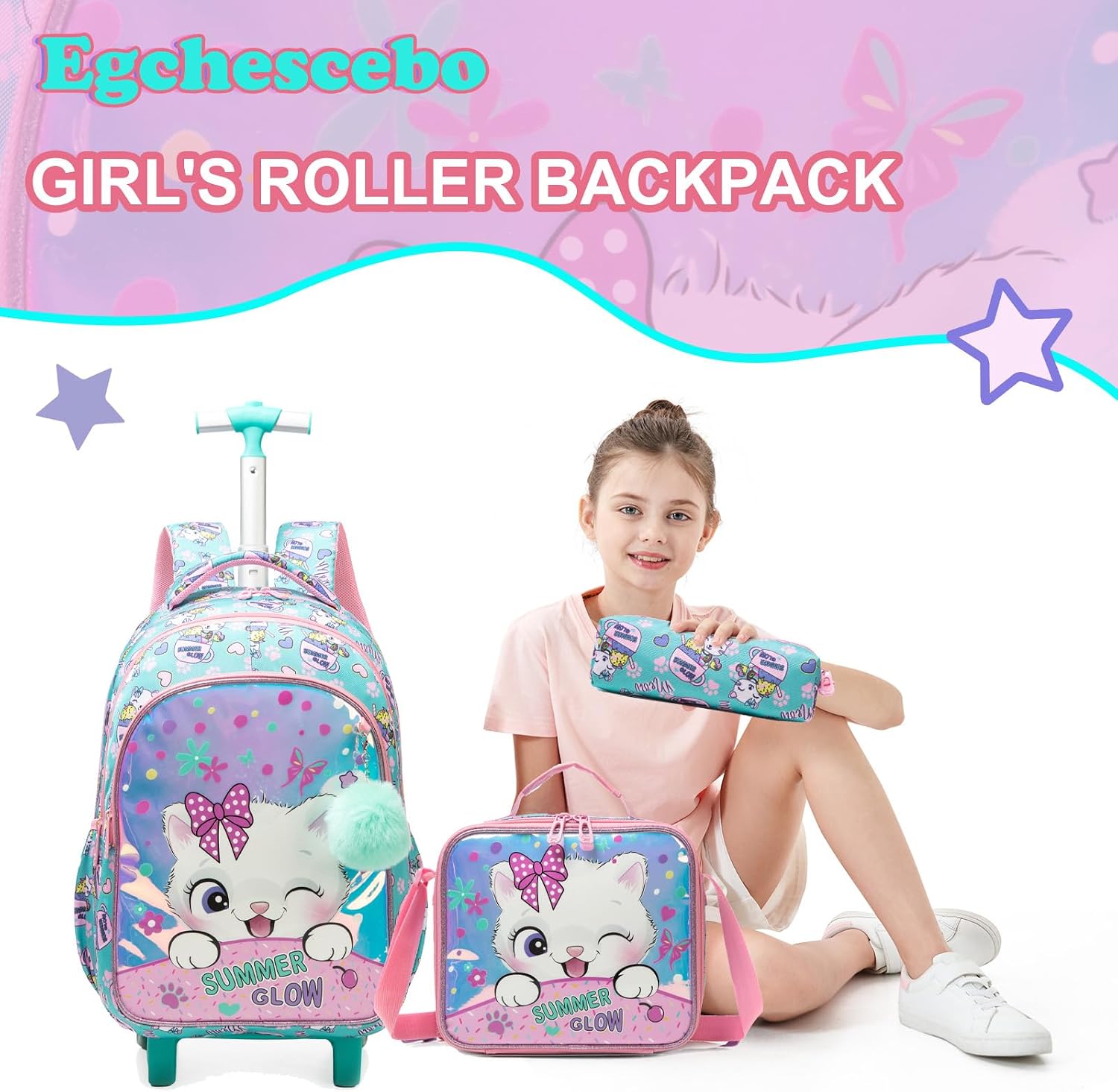 Kids Rolling Backpack for Girls Trolley Suitcases Luggage Travel with Wheels Bookbag Wheeled 17" 3PCS Roller Backpacks Toddler Back Pack School Bags Set for Elementary Cats Phantom Color