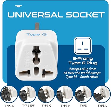 Ceptics UK, Hong Kong, Ireland, UAE Travel Plug Adapter (Type G) - 3 Pack [Grounded & Universal] (GP-7-3PK), White, Standard