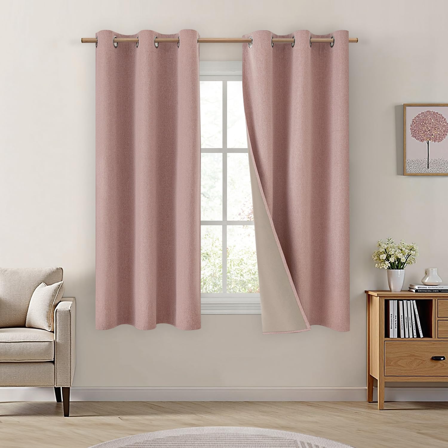 HOMEIDEAS Blush Pink 100% Blackout Curtains 42 X 63 Inches Long, Thick Faux Linen/Linen Blend Textured Window Drapes, Cute Room Darkening Grommet