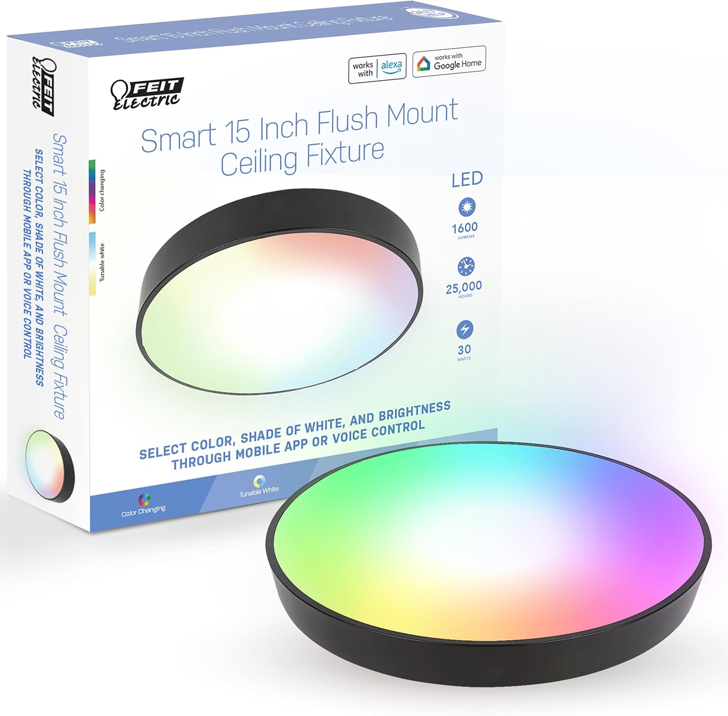 Feit Electric Smart Ceiling Light Fixture, 15″ Round Flush Mount, Color Changing, Music Sync, Works with Alexa and Google Home Asst, 30W, 1600 Lumens, Tunable White, 22-Year Lifetime, FM15/RGBW/DIM/AG Feit Electric Smart Ceiling Light Fixture, 15″ Round Flush Mount, Color Changing, Music Sync, Works with Alexa and Google Home Asst, 30W, 1600 Lumens, Tunable White, 22-Year Lifetime, FM15/RGBW/DIM/AG
