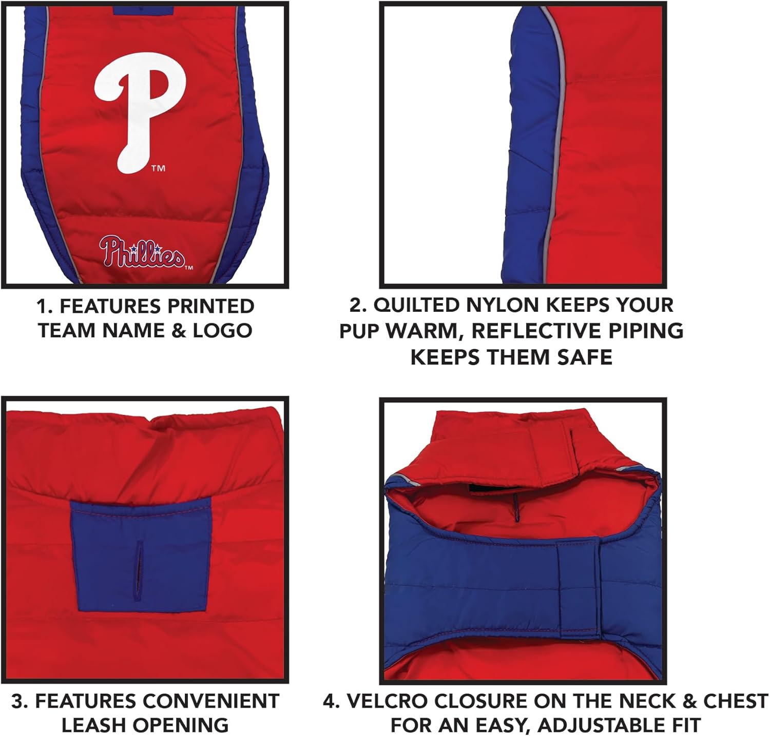MLB Philadelphia Phillies Puffer Vest for Dogs & Cats, Size Large. Warm, Cozy, & Waterproof Dog Coat, for Small & Large Dogs/Cats. Best MLB Licensed PET Warming Sports Jacket