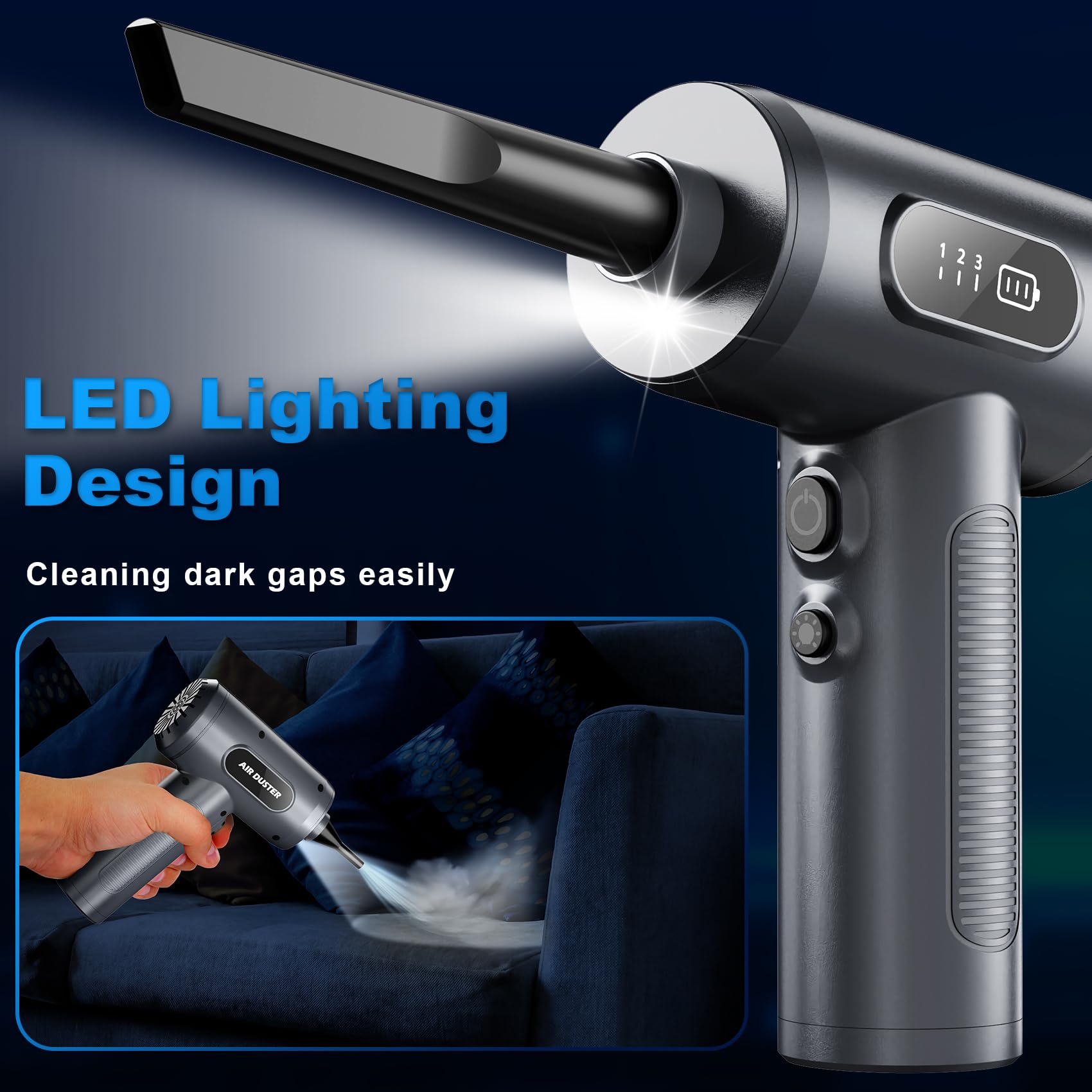 FRESMOL Spolverino ad aria compressa, soffiatore elettrico senza fili | 3 marce regolabili, 100000 giri/min, display LED intelligente, luce LED, tastiera, PC, auto, pulizia casa