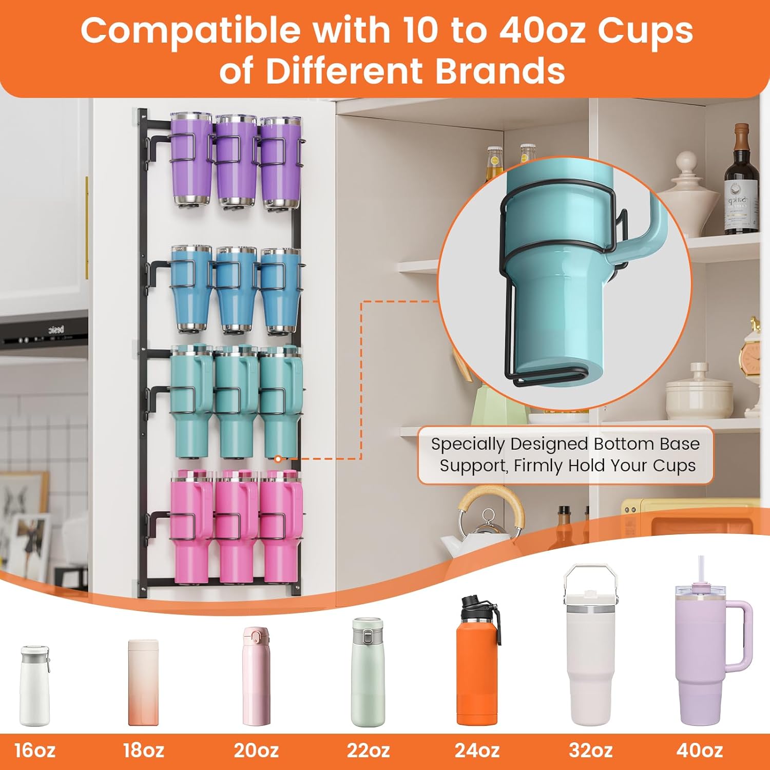 Housolution Water Bottle Organizer, 4 Tier Heavy Duty Metal Tumbler Storage Organizer for 10 to 40 oz Cups, Wall/Door Mounted Hanging Cup Holder Rack Compatible with Stanley and Other Brands - Image 2
