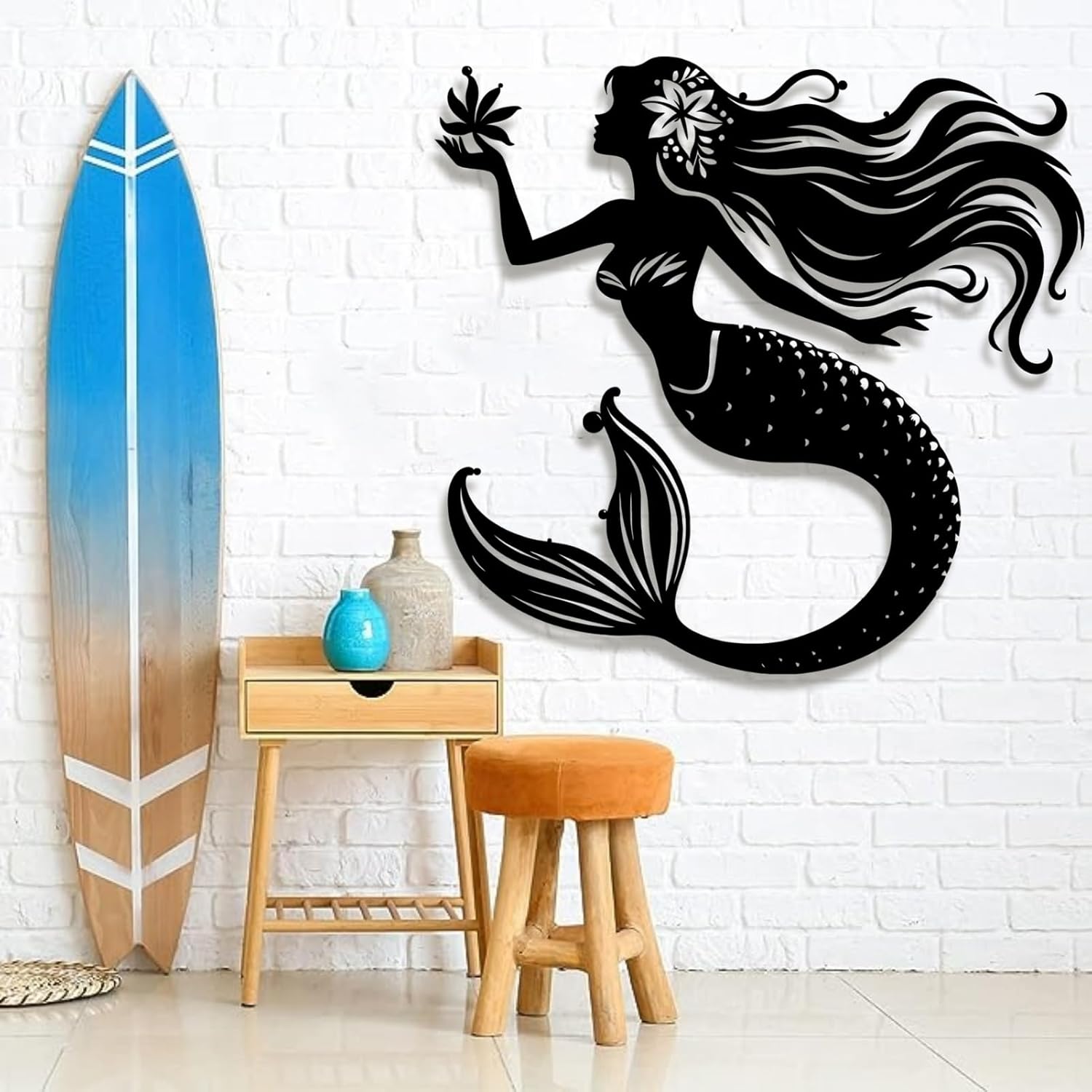 lunwall Metal Mermaid Wall Decor,Metal Mermaid Wall Art,Mermaid Large Wall Decor,Ocean Metal Wall Decor,Ocean Theme Nautical Decor,Metal Wall Art (Style 2, black, 28" W x 25" H / 70 x 64 cm)