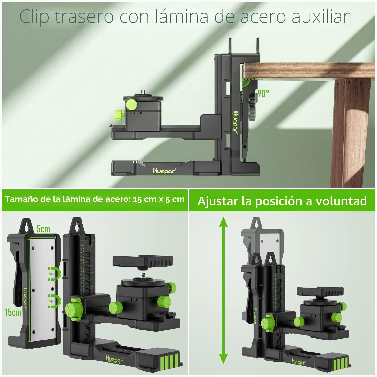 Huepar | Soporte de ajuste fino de nivel láser, base giratoria magnética multifuncional con clip de resorte ajustable, soporte ajustable de 360° con rosca macho 1/4 "-20, PV11+