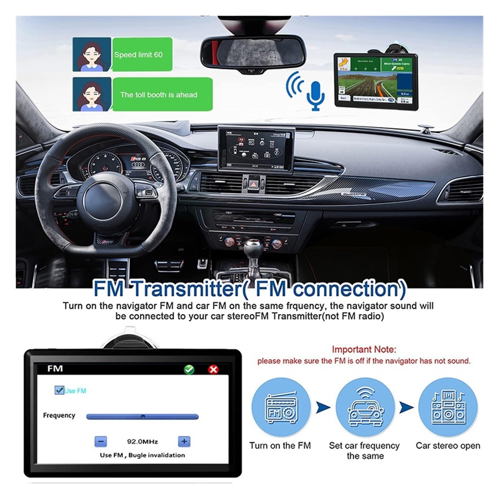 Automóvil de los navegadores Sat Nav la navegación del Coche HD FM con el Aviso Alarma Claro Y Adaptable