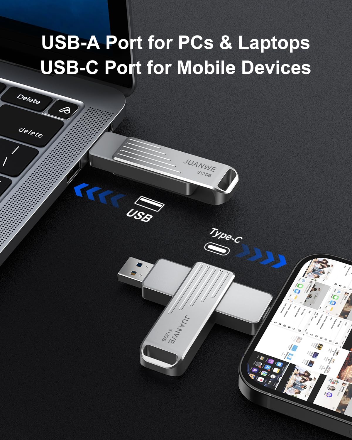 JUANWE 512GB USB C Flash Drive up to 1000MB/s USB Drive with USB C and USB A Swivel Thumb Drive USB 3.2 Gen 2 Jump Drive Compatible with iPhone 15 and Above, Android, Mac, Car Audio, Game Console
