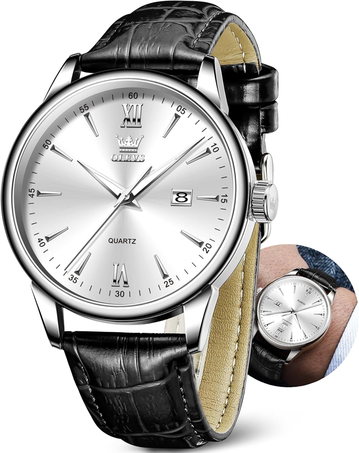 OLEVS Men Leather Watch,Mens Wrist Watches,Big Face Watches