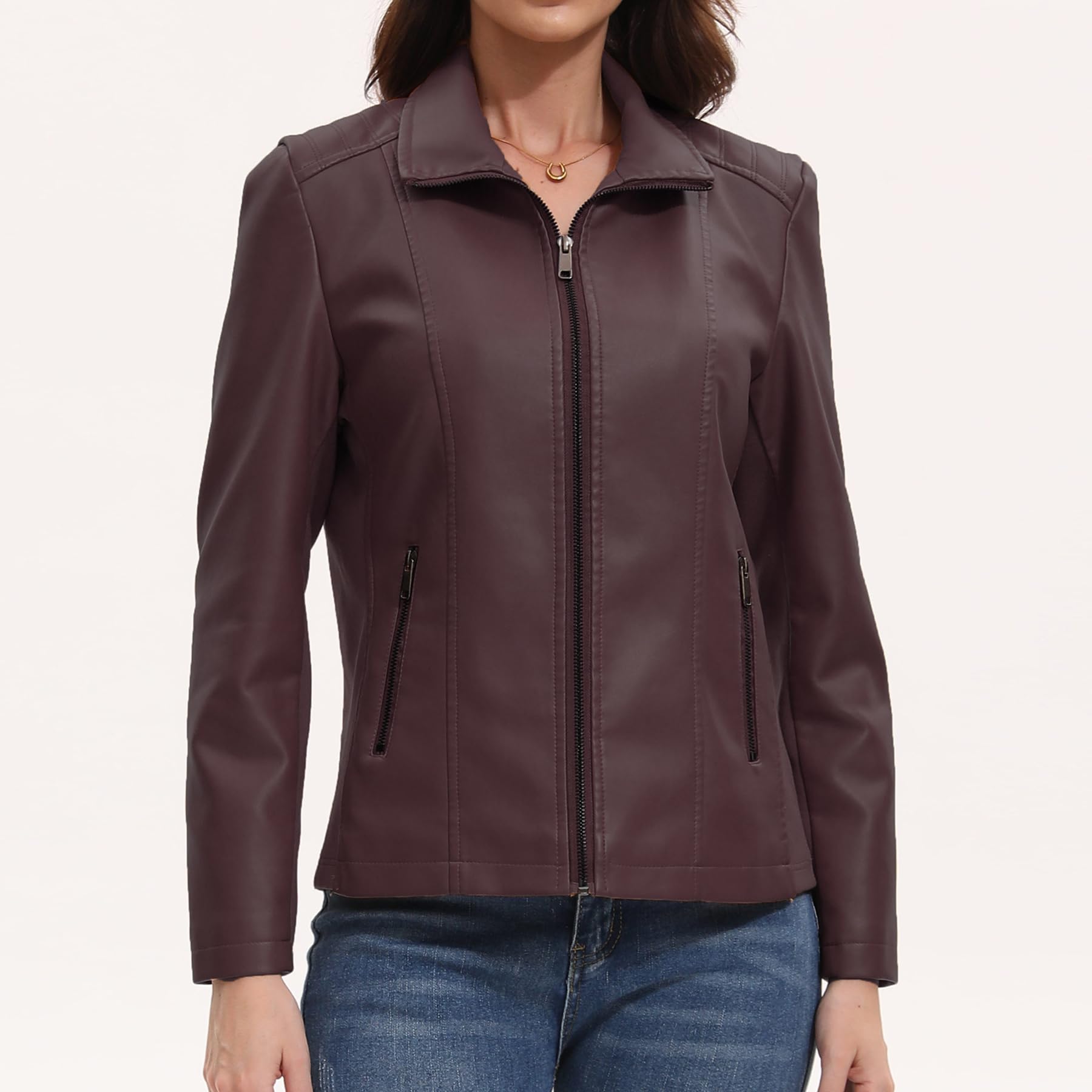 YYNUDA Chaqueta de piel para mujer, tejido elástico, chaqueta de motorista, cremallera, monocolor, piel, cuello alto, chaqueta de moto