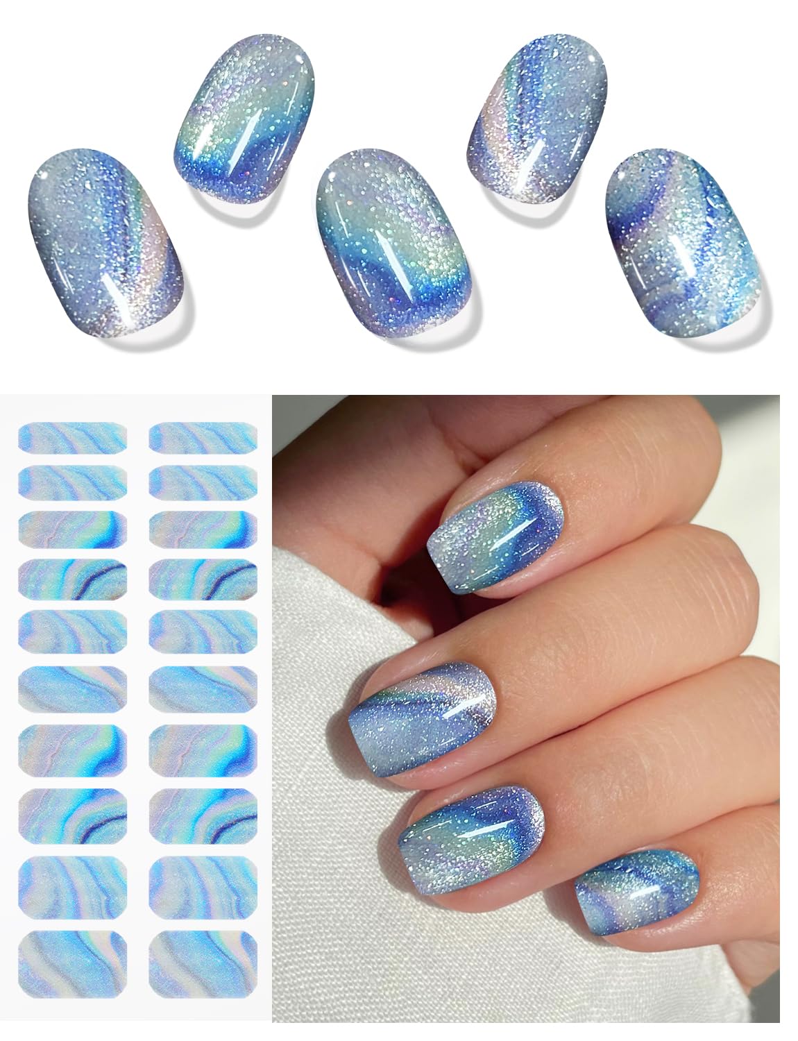 JMEOWIO Gel Nail Stickers Blue Colorful Marble Glitter Semi Cured Gel Nail Strips Wraps UV/LED Nails Art Design Decoration Accessories - Image 2