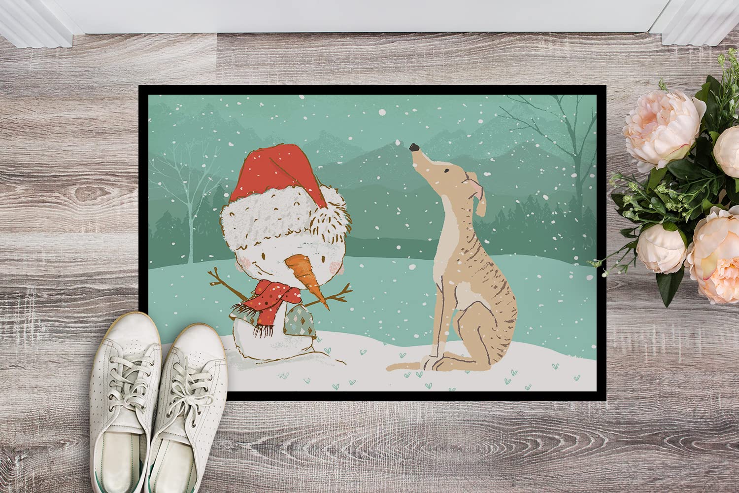 Caroline's Treasures CK2043JMAT Brindle Greyhound Snowman Christmas Doormat 24x36 Front Door Mat Indoor Outdoor Rugs for Entryway, Non Slip Washable Low Pile, 24H X 36W