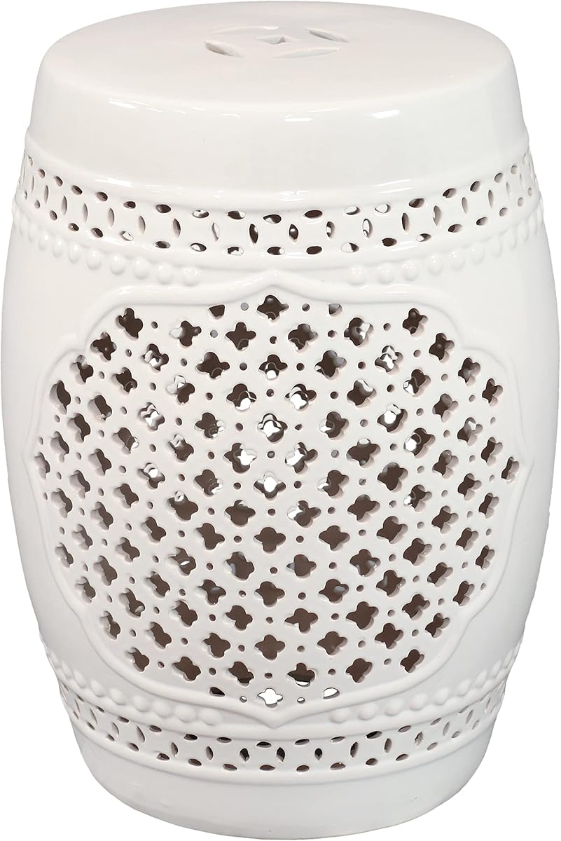 Mesa auxiliar con taburete de jardín de cerámica Sunnydaze Marrakech - Blanco | Capacidad de peso de 300 lb - Úselo como taburete, reposapiés o mesa auxiliar - Para patio, sala de estar, solárium, terraza o patio trasero