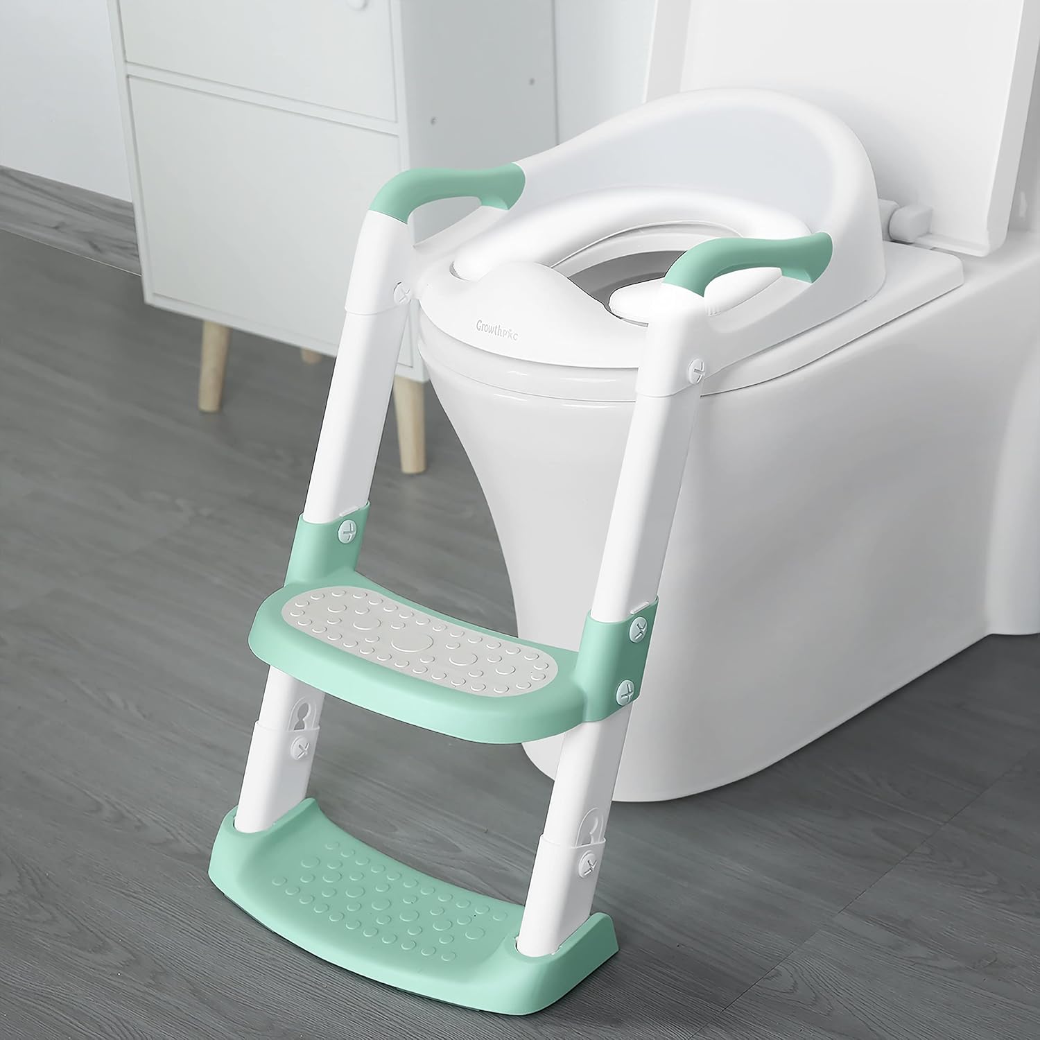 GrowthPic Potty Training Seat with Ladder, Toddlers Potty Seat for Toilet with Step Stool, Potty Ladder Toilet Seat Chair with Anti-Slip Pads for Kids Boys and Girls(White/Green)
