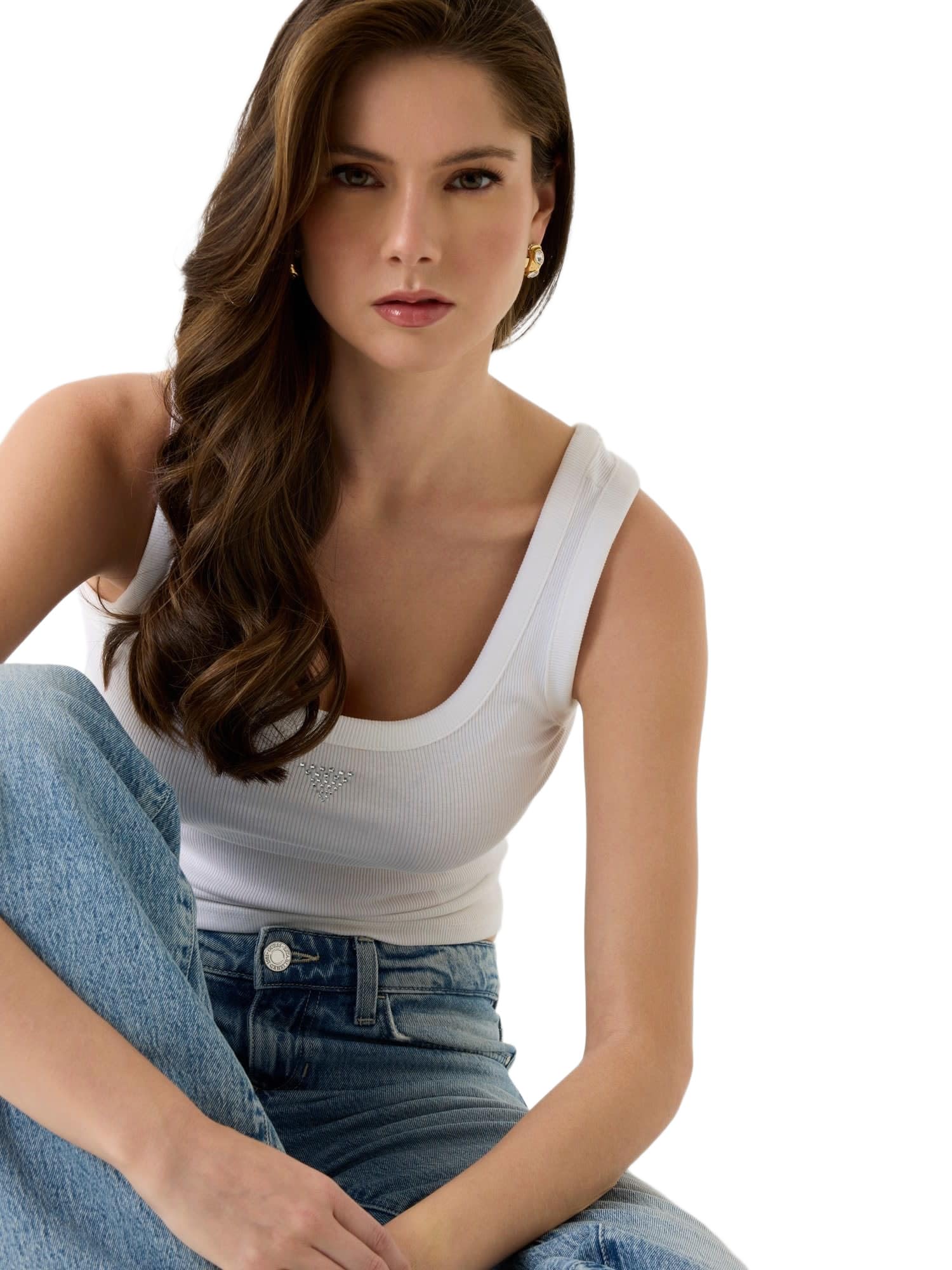 Guess Women's Eco Sleeveless Triangle Bling Rib Tank, Pure White-image