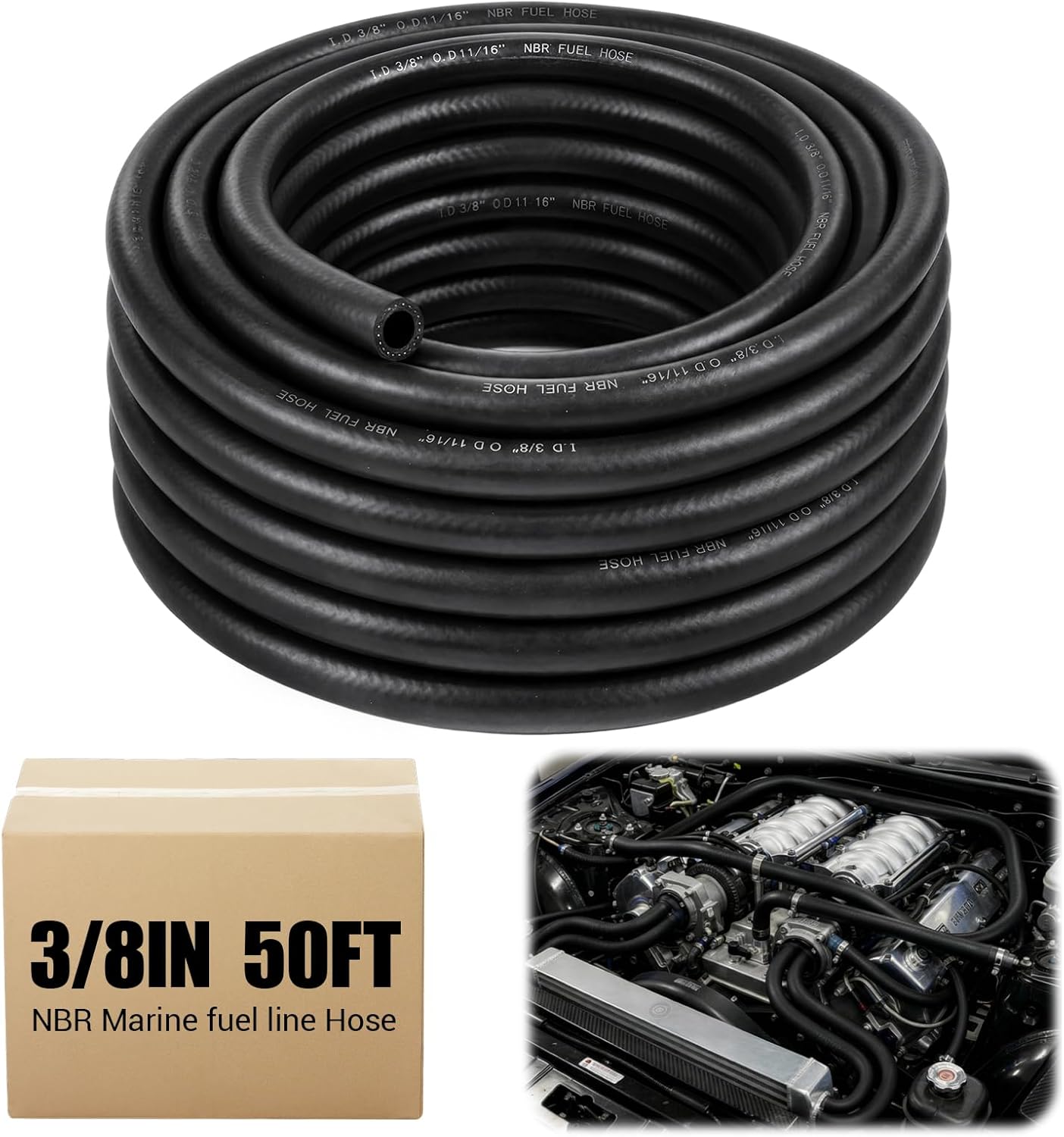 Outus 3/8 Inch ID 50ft NBR Rubber Fuel Line Hose Black, Rated up to 142 PSI, for Automotive Engines, Carburetors, Fuel Systems, Generators, Lawn Mowers & Marine Boats