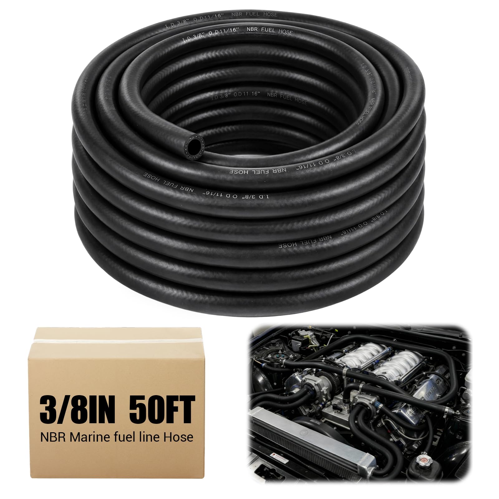 Outus 3/8 Inch ID 50ft NBR Rubber Fuel Line Hose Black, Rated up to 142 PSI, for Automotive Engines, Carburetors, Fuel Systems, Generators, Lawn Mowers & Marine Boats