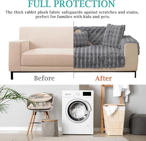 Miniatura 6 de cjc Cojín grueso de felpa de conejo para sofá, funda de cojín antideslizante universal para sofá de 1, 2 y 3 plazas, funda protectora de muebles