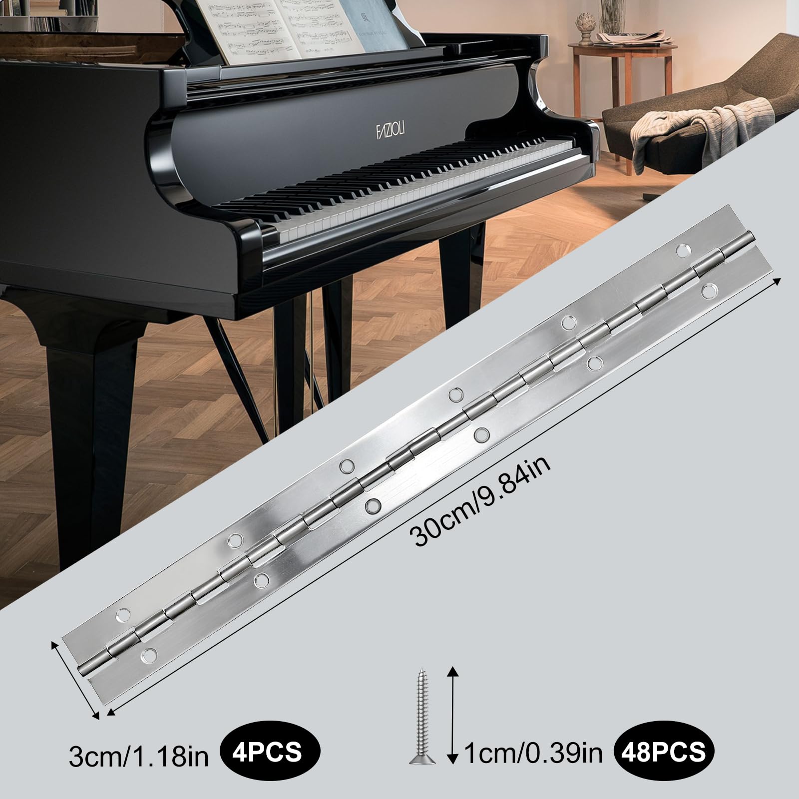 Bisagra de Piano de Acero Inoxidable 4 Piezas Bisagra Plegable con 12 Orificios con 48 Piezas de Muebles de Tornillos para Puertas de Armario, Barcos - 300 x 30 x 1,0 mm