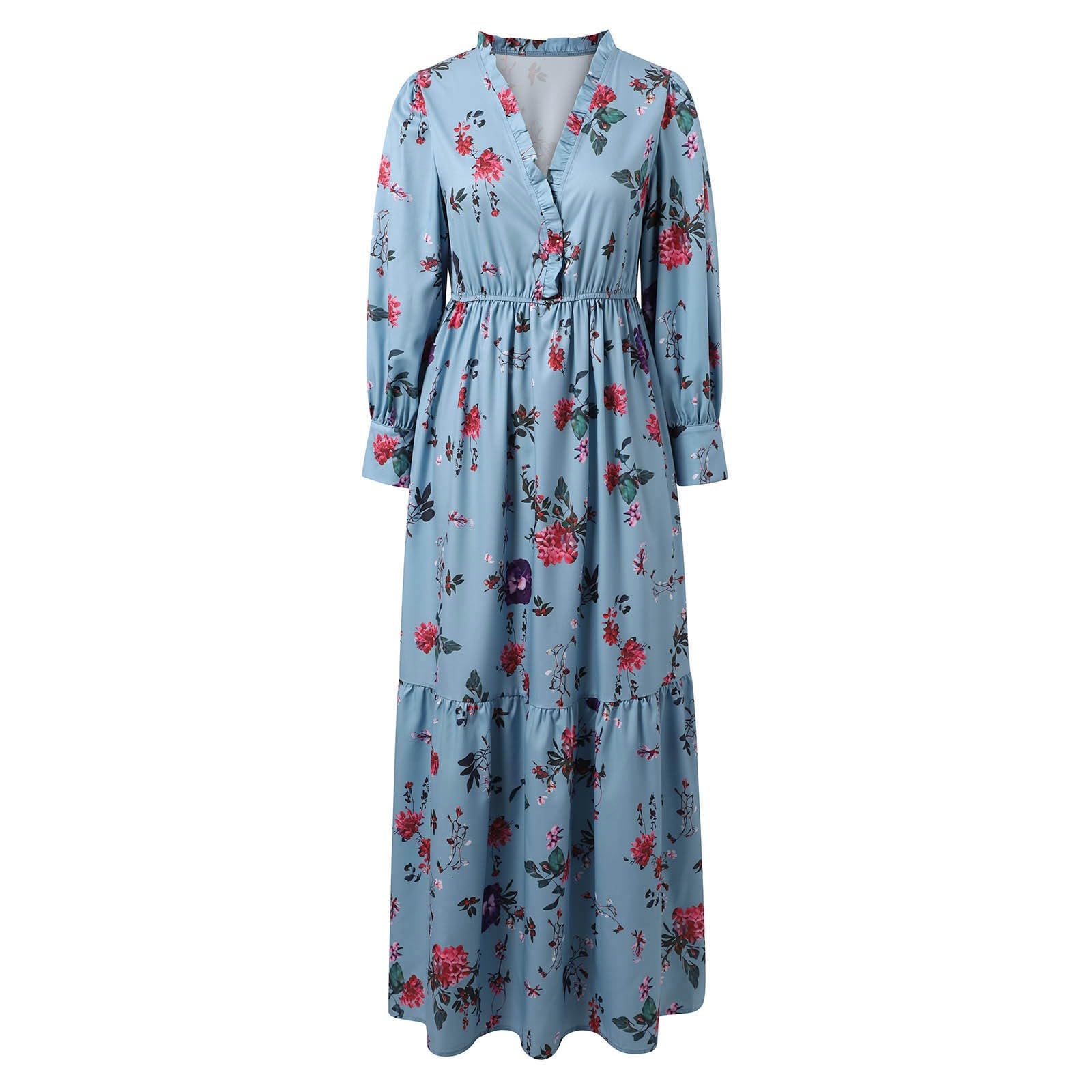 Robe Longue Femme À Fleurs, Robe Manche Longue Femme Sexy Col en V Retro Décontractée Traditionelle Coupe Ample Fluide Confortable Costume Festival Vêtements Party Déguisement Quotidien