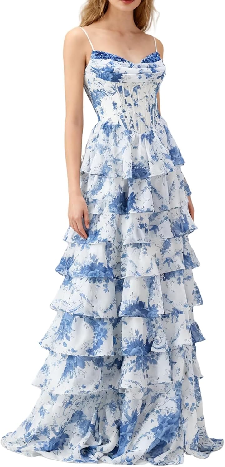 Dydsz Women’s Floral Print Evening Gown Long Formal Dress Elegant A-Line Prom Party Wedding Guest Dresses