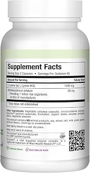 Maxi Health Lysine Complex, L-Lysine 1000mg + Probiotics (120 Capsules)