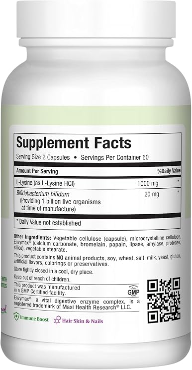 Maxi Health Lysine Complex, L-Lysine 1000mg + Probiotics (120 Capsules)