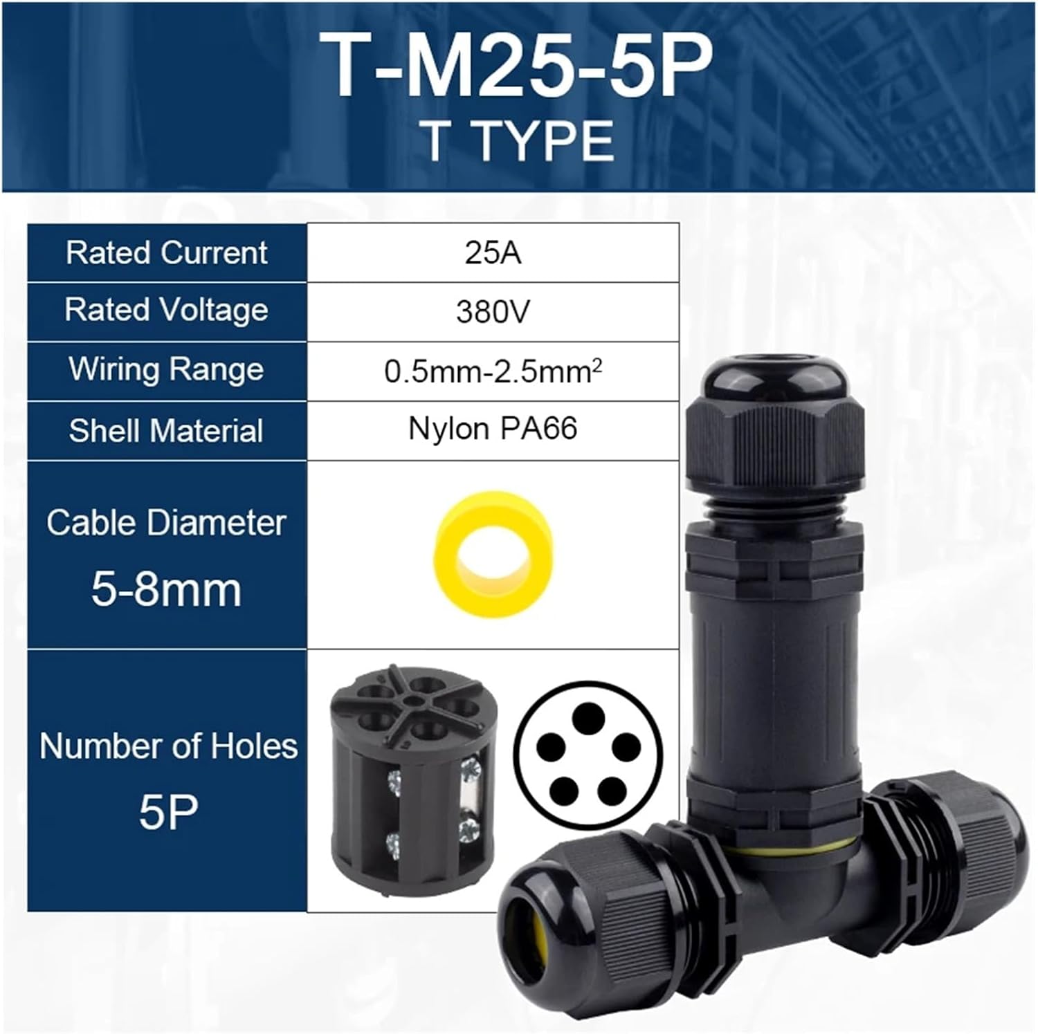 M25 cable connector 3 way T type for 2/3/4/5 pin LED lighting screw terminal(M25T 5P 5-8mm)