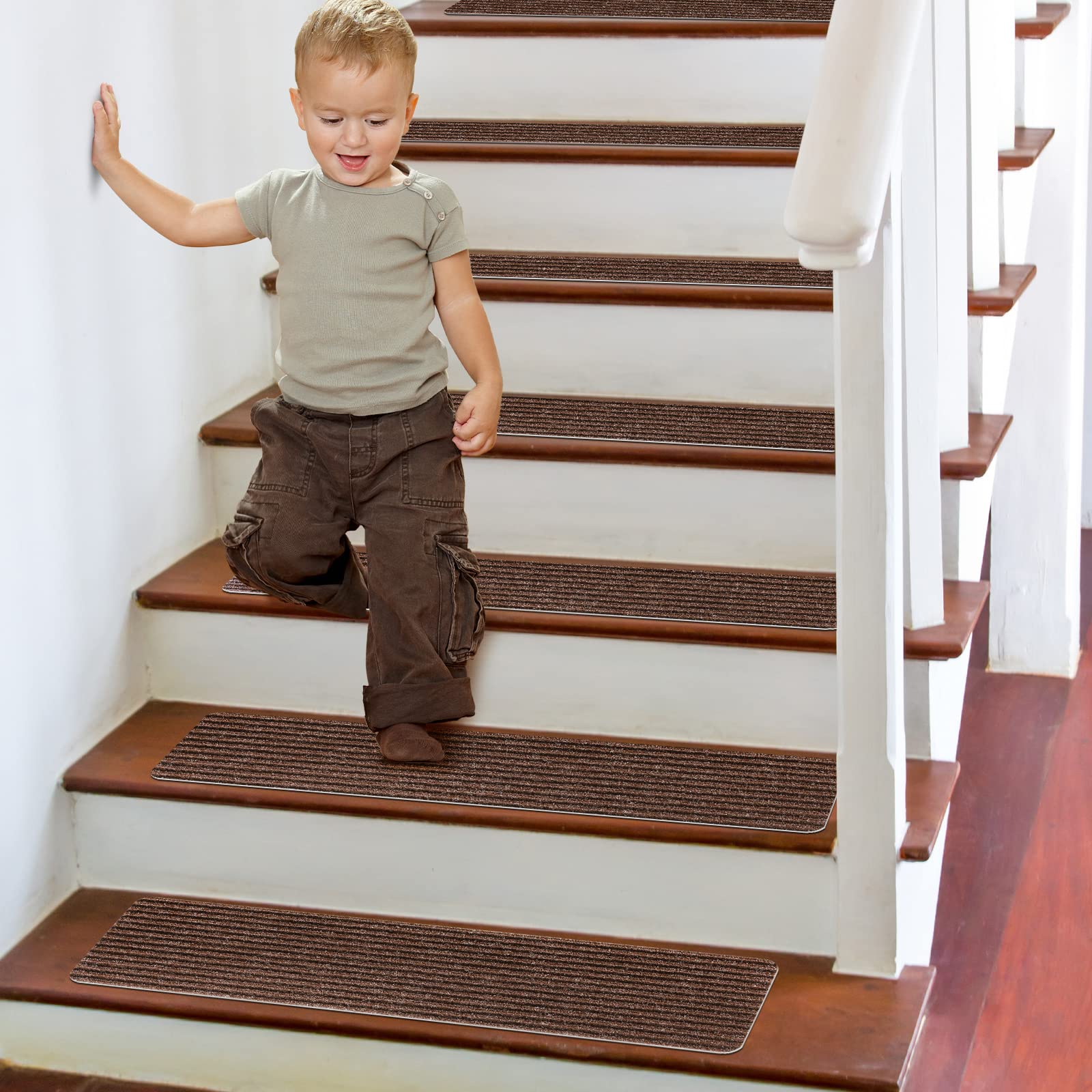 Tappeti per Scale, 76x20cm,15 Pezzi, Tappetini Antiscivolo Sicurezza Runner Interno con Adesivo Riutilizzabile per Bambini, Anziani e Animali Domestici, Marrone