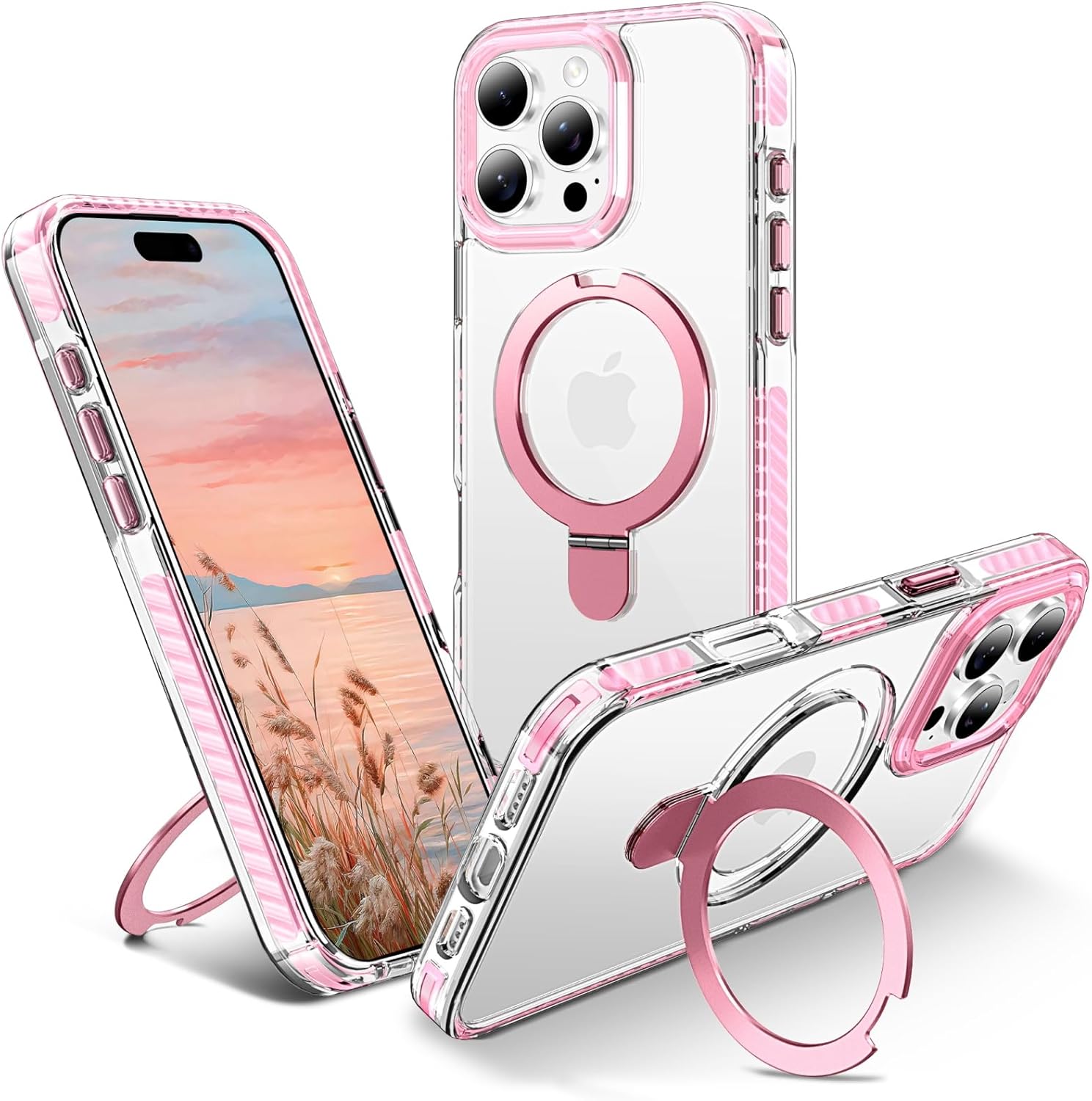 UMIONE for iPhone 16 Pro Max Clear Magnetic case with Stand and Finger Ring, Compatible with magsafe, Shockproof Transparent Hard Plate, Full Body case, Universal for Boys and Girls 6.7 - Pink