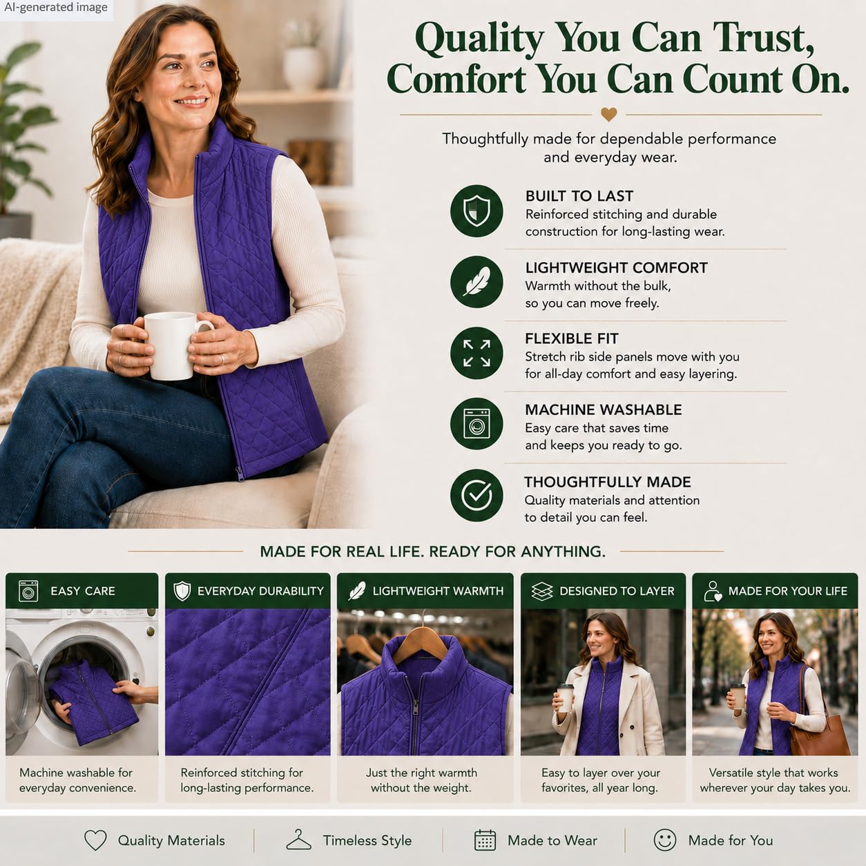 Bienzoe Gilet matelassé décontracté pour femme : veste légère et pliable sans manches, violet, 3X-Large