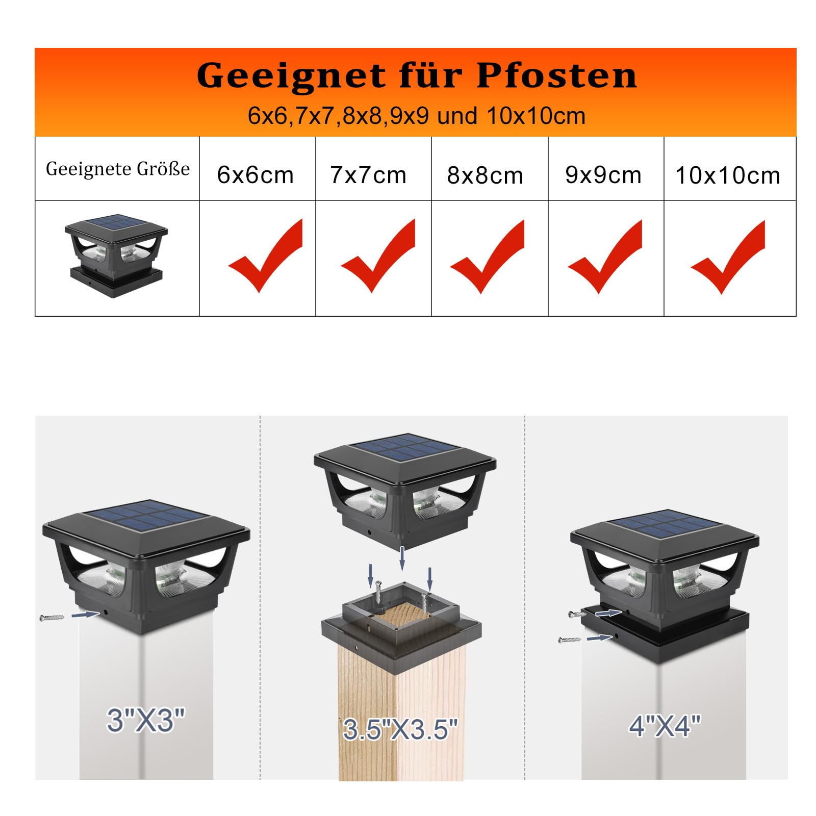 Solar Pfostenkappe IP65 Wasserdicht 3000K Warmweiss 7x7 8x8 9x9 10x10 Zaunbeleuchtung (4 Stück)