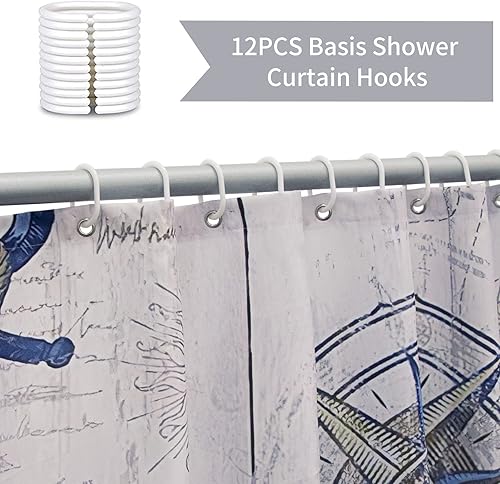 Miniatura 3 de Gezocaromo Cortina de ducha náutica, faro, brújula, ancla, cortina decorativa de baño de tela impermeable de poliéster con 12 ganchos, 72 x 72